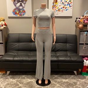 Two piece ribbed lettuce hem grey flare pant set